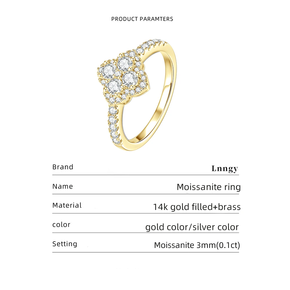 Lnngy Full Moissanite Engagement Ring for Women Sparkling Lab Diamond Classic Four Leaf Flower Stackable Ring Jewelry Gift