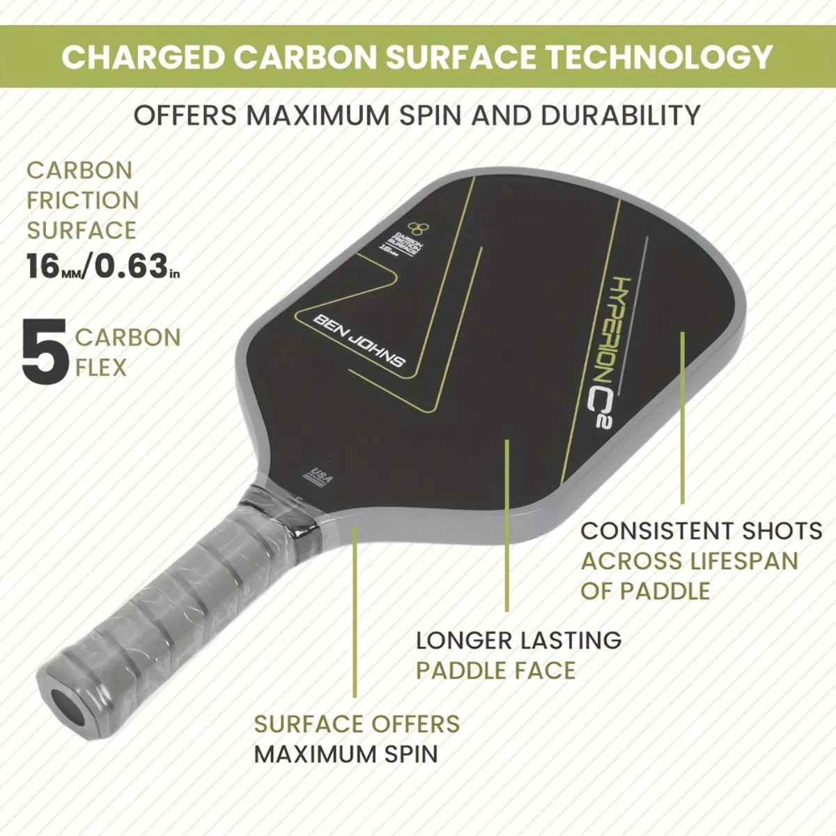 

Ben John Super C2 Yellow Pickleball Paddle, 16mm Honeycomb Core, Matte Textured Surface, The Perfect Sports Gear