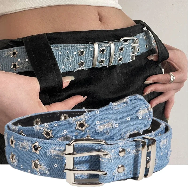 Vintage Double Row Belt Women Y2K Punk Star Waist Strap Trendy Waistbands Buckle Belts Girls Hollow Jeans Skirt Accessories