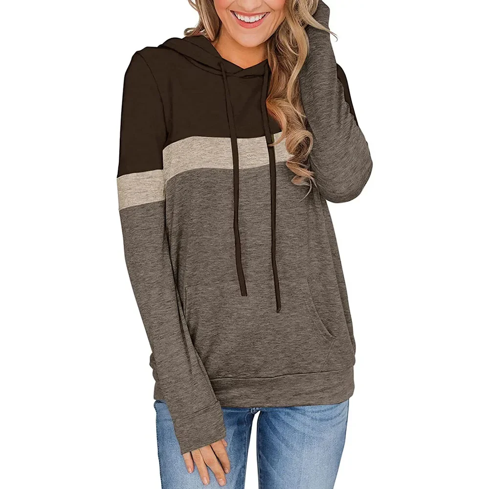 Damen lässig Color Block Hoodies Tops Langarm Kordel zug Pullover Sweatshirts mit Tasche (S-XXL)