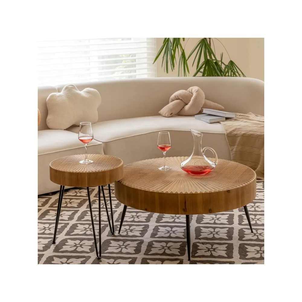 2-Piece Modern Farmhouse Living Room Coffee Table Set, Nesting Table Round Natural Finish with Handcrafted Wood Radial Pattern
