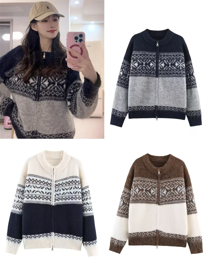 

Women's Jacket 2025 Winter New Style Jacquard Long-Sleeve Double-Zipper Knit Cardigan Jacket Casual Fashion Versatile