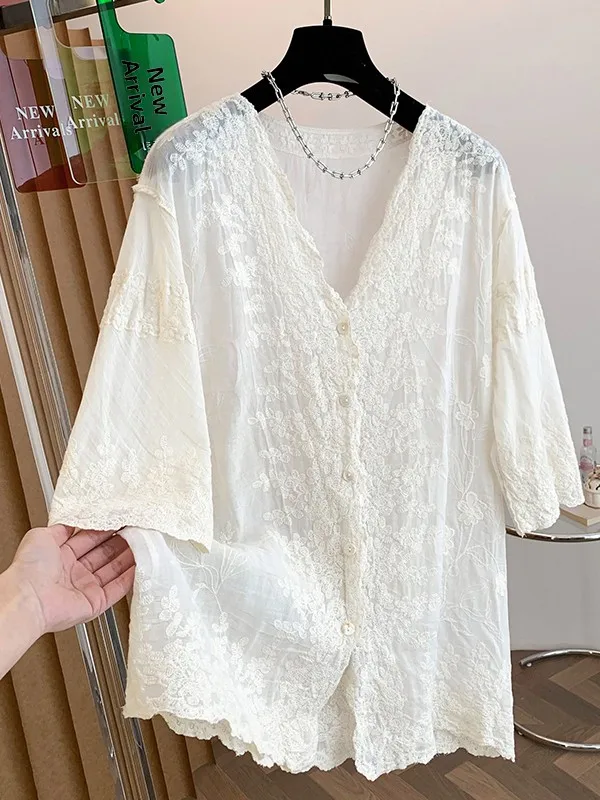 

Korean Style Loose Fit Cotton Embroidered Floral Short Sleeve Open Cardigan Women's Summer Casual Versatile Top