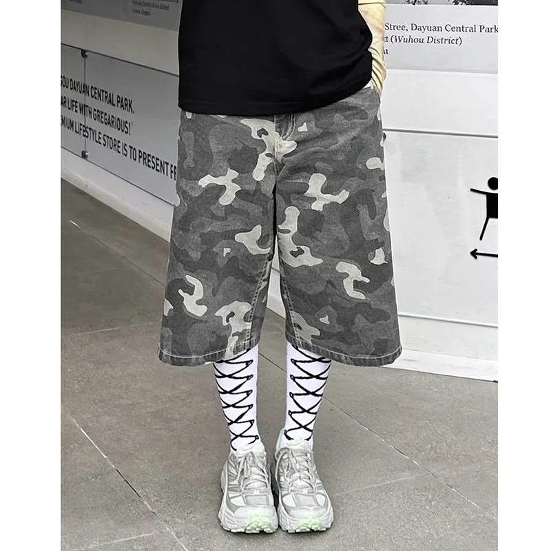 

PBAP женские камуфляжные джинсы Jorts с легкими карманами, прямые свободные брюки с высокой талией, повседневные джинсовые брюки-бермуды, винтажная уличная одежда
