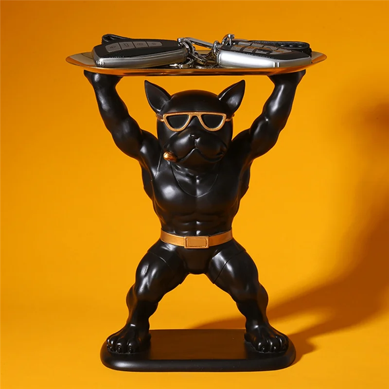 

A95I-Bulldog Statue Desk Tray Desk Keychain Desktop Art Tray For Desk Decoration Weightlifting French Bulldog Single Plate (Blac