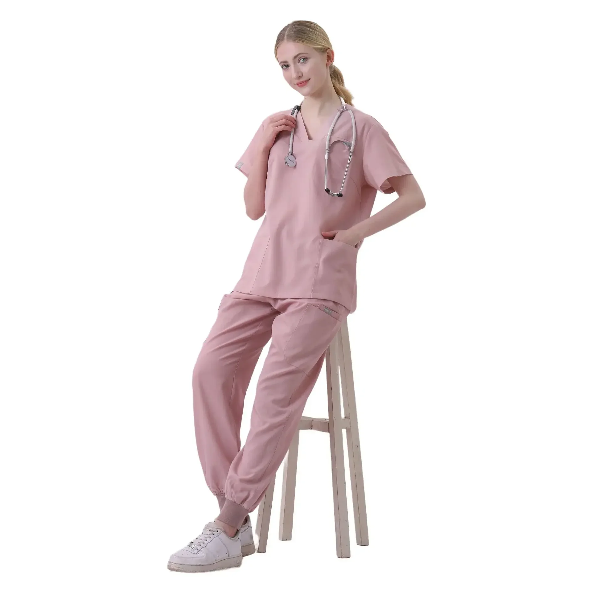 Versão coreana Scrub Set para mulheres, vestuário cirúrgico, decote em v, manga curta, elástico, atacado, enfermeira de hospital