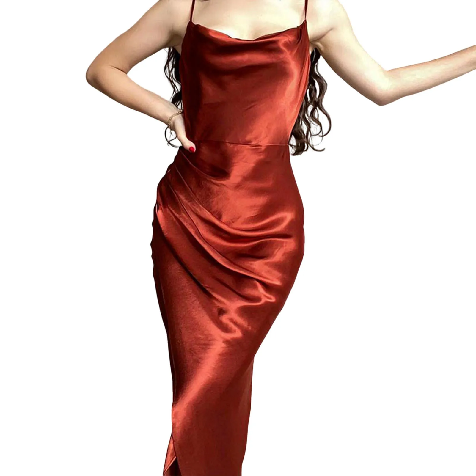 Women Satin Silk Sling Dress High-End Sexy Long Sling Dress Suitable for Party Night Club