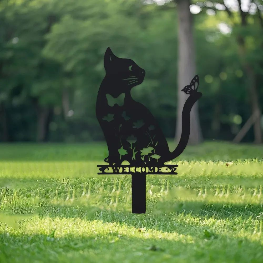 1Pc Cast Iron Cat Garden Stake Rustic Metal Animal Silhouette Outdoor Lawn Floor Mount Decor