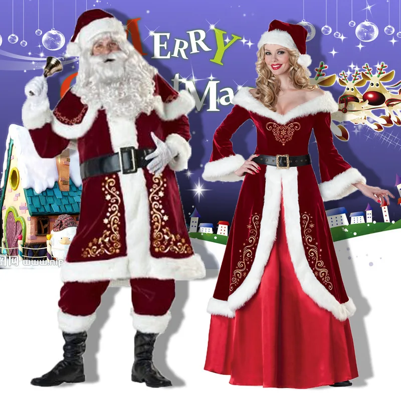 Christmas Couple Santa Costume M‑6XL Unisex Adult Role‑Playing Performance Suit for Xmas Themed Party Scene Layout Decoration