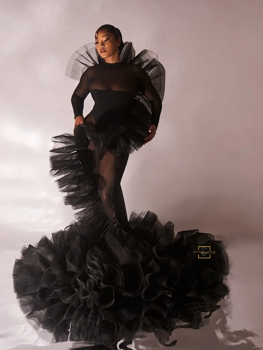 Dramatic Black Mermaid Prom Dresses Stretch Sheer Ruffle Tulle Birthday Photoshoot Dress Unique Design Perform Event Dress Gala image 3