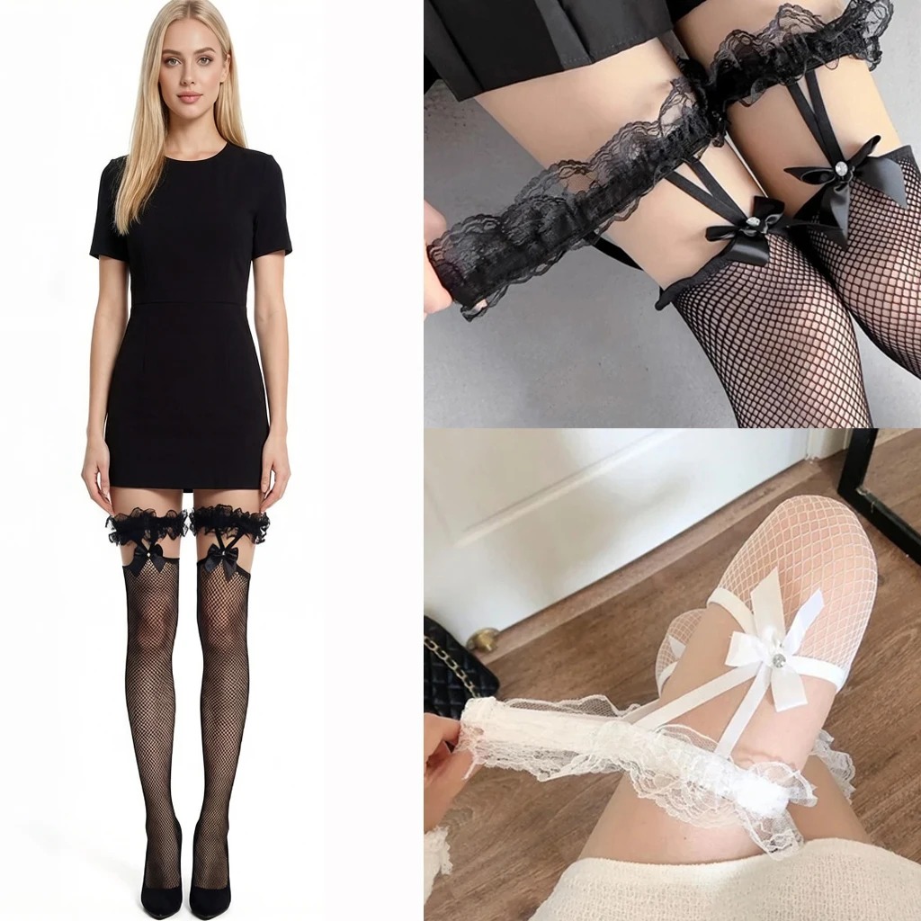 Damen Süße Cosplay Netzstrümpfe JK Lolita Mädchen Lange Socken Spitze Schleife Strumpfhalter Überkniestrümpfe