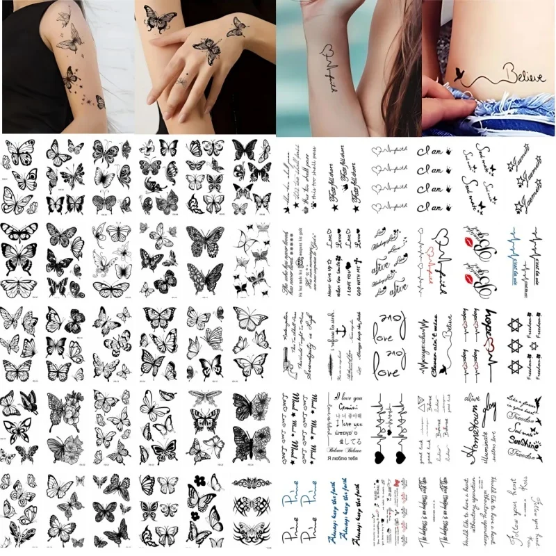 60pcs/set Transfer Tattoo for Men Women Decor Wrist Back Neck Black Butterfly Sentence English Quote Text Fake Tattoos Stickers