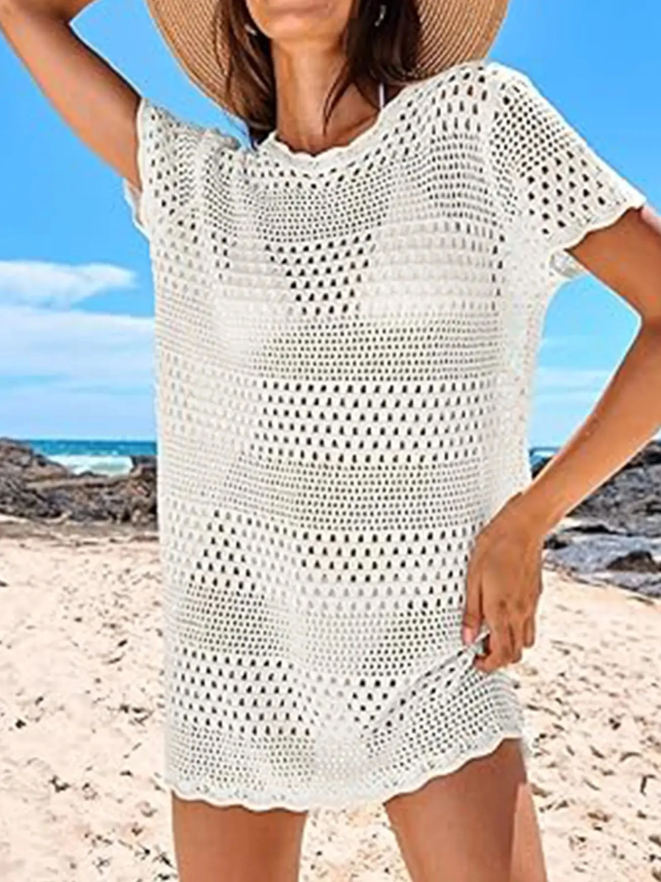 Women Swimsuit Crochet Swim Cover Up Summer Bathing Suit Swimwear Knit Short Sleeve Pullover Beach Dress