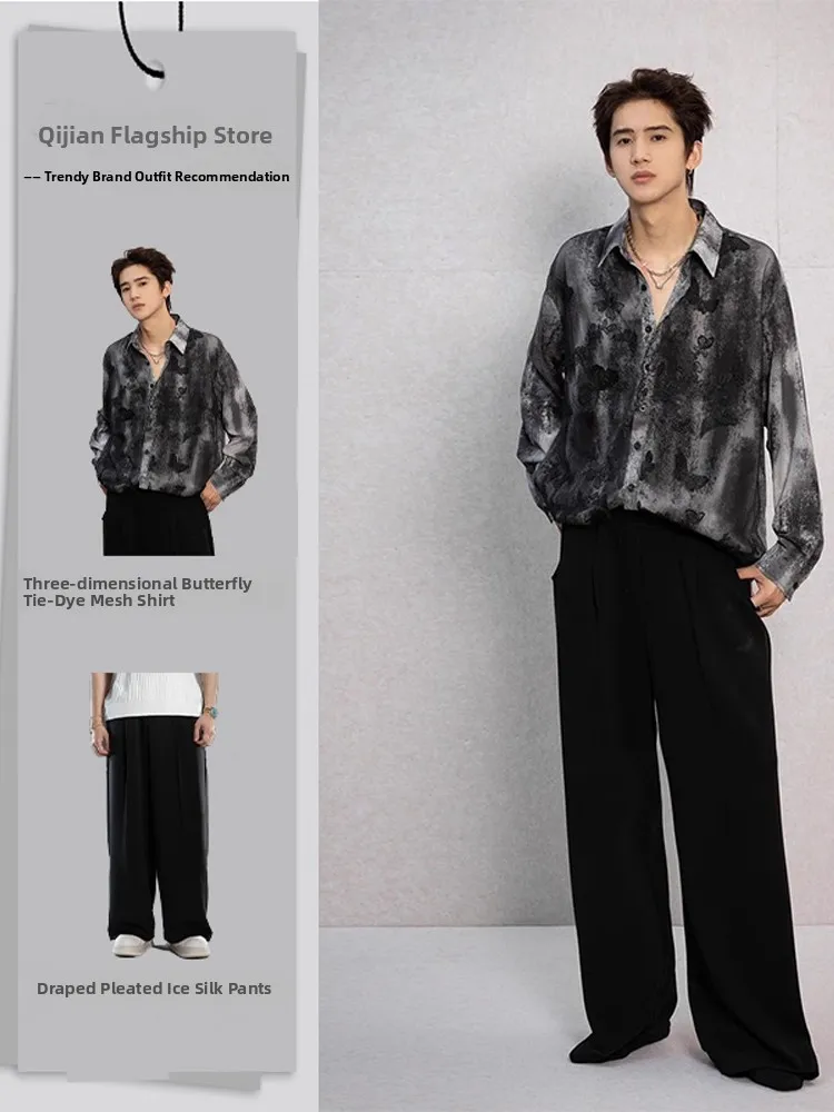 

Dark Style Knot Dyeing Double Layer Men's Shirt Summer Loose Fit Long Sleeve Casual Breathable Thin Fabric Pants