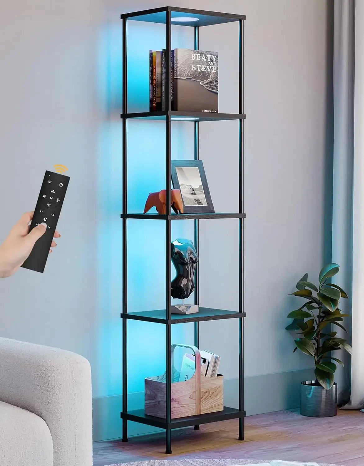 

Shelf with RGBCW Light, Color Changing Curio Cabinet Floor Lamp with Shelves Corner Standing Column Lamp Etagere Organizer