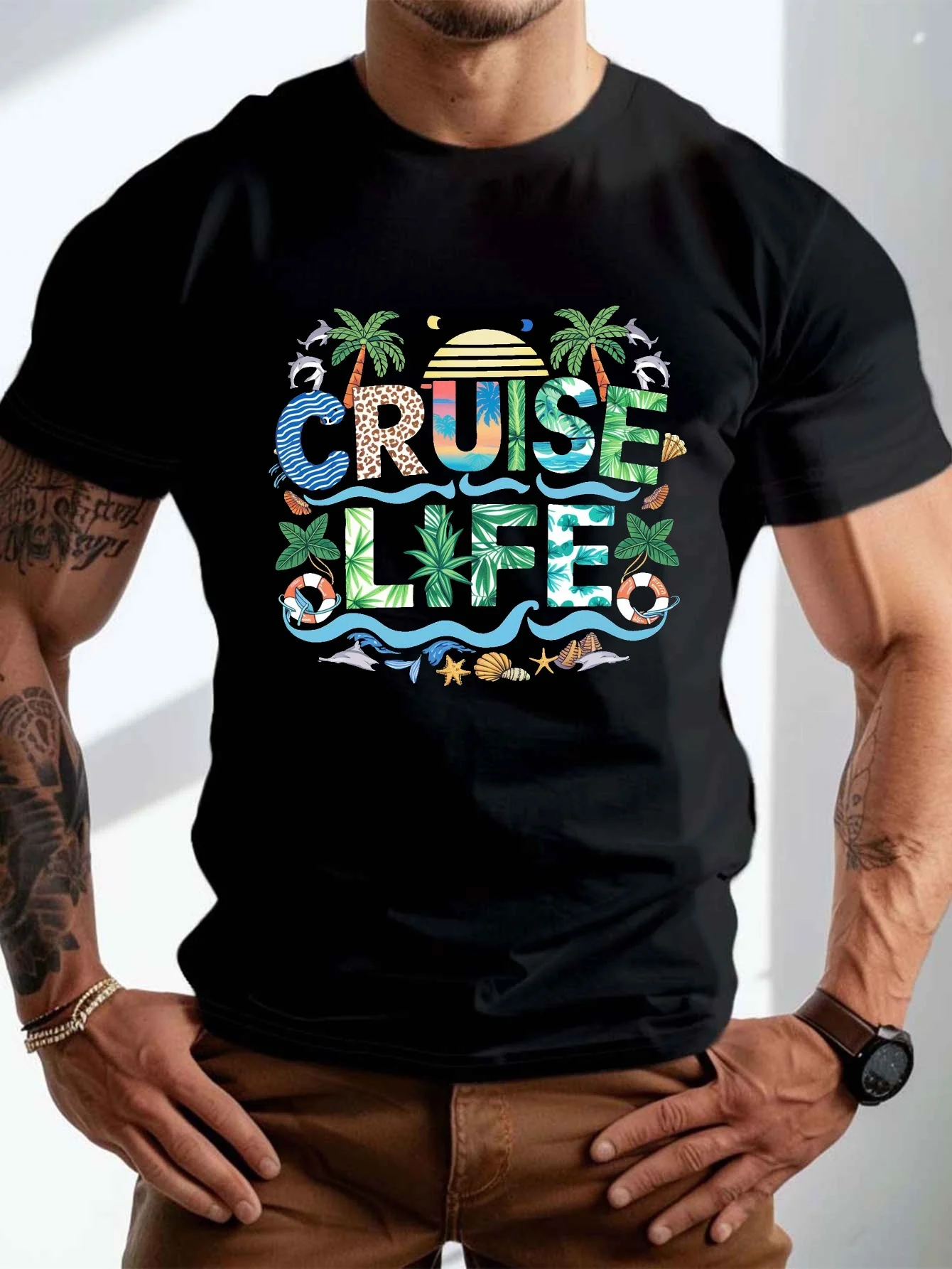 تي شيرت رجالي طويل القامة مقاس كبير بنمط كروز لايف تي شيرت صيفي غير رسمي بأكمام قصيرة، حياة يومية