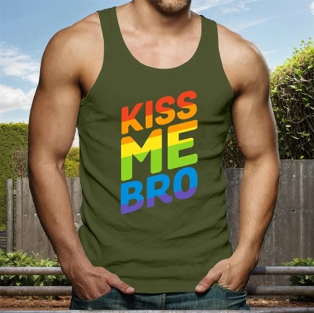 

Men's Rainbow Letter Kiss Me Muscle Tank Top Colorful Graphic Workout Gym Tank Top for Men