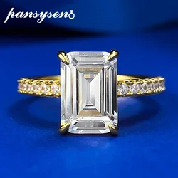 PANSYSEN 18K Gold Color Solid 925 Sterling Silver 7*10MM Emerald Cut Citrine High Carbon Diamond Rings for Women Fine Jewelry