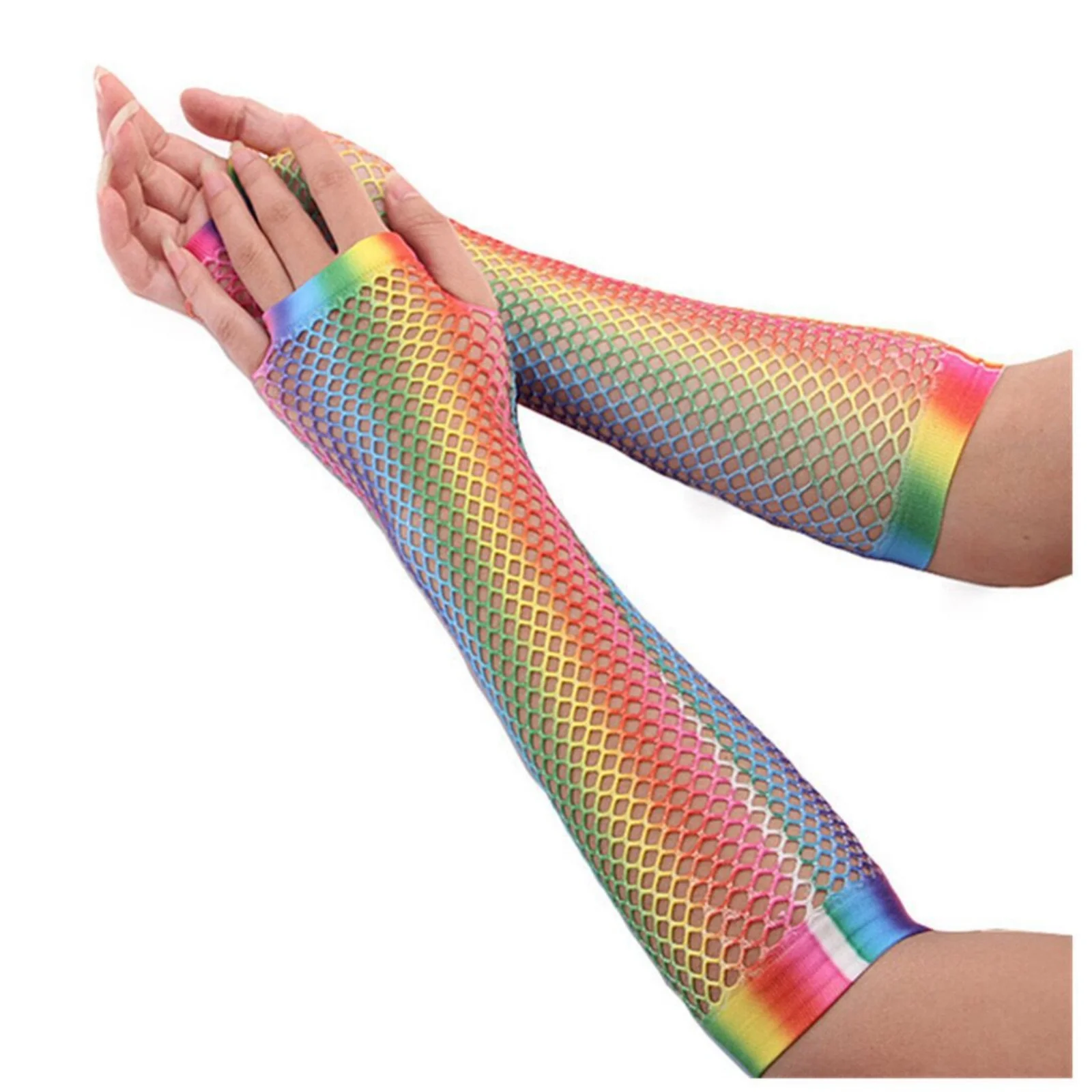 Rainbow Fishnet Long Fingerless Gloves For Bride Wedding Party Prom Sexy Punk Style Fashion Accessories For Costume & Daily Wear