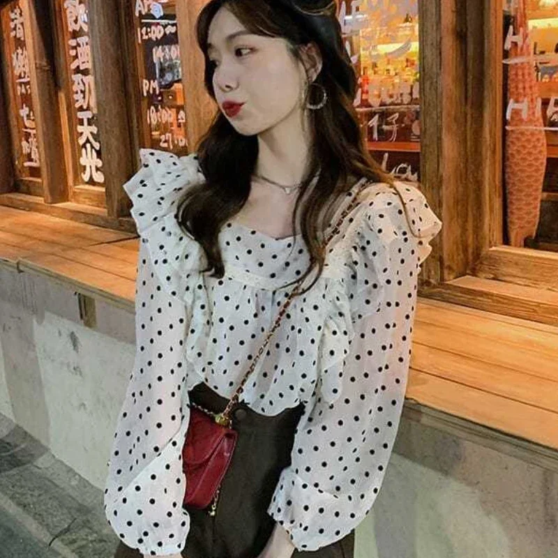 Blouses Women Polka Dot Square Collar Simple Female Elegant Tops Clothing Popular Stylish Vintage Tender Basic Ulzzang Newest