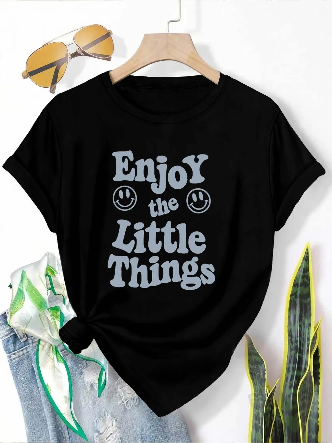 Plus Size "Enjoy The Little Things" Graphic Tee Elegant And Fashionable Top For Those Who Cherish Life's Delights