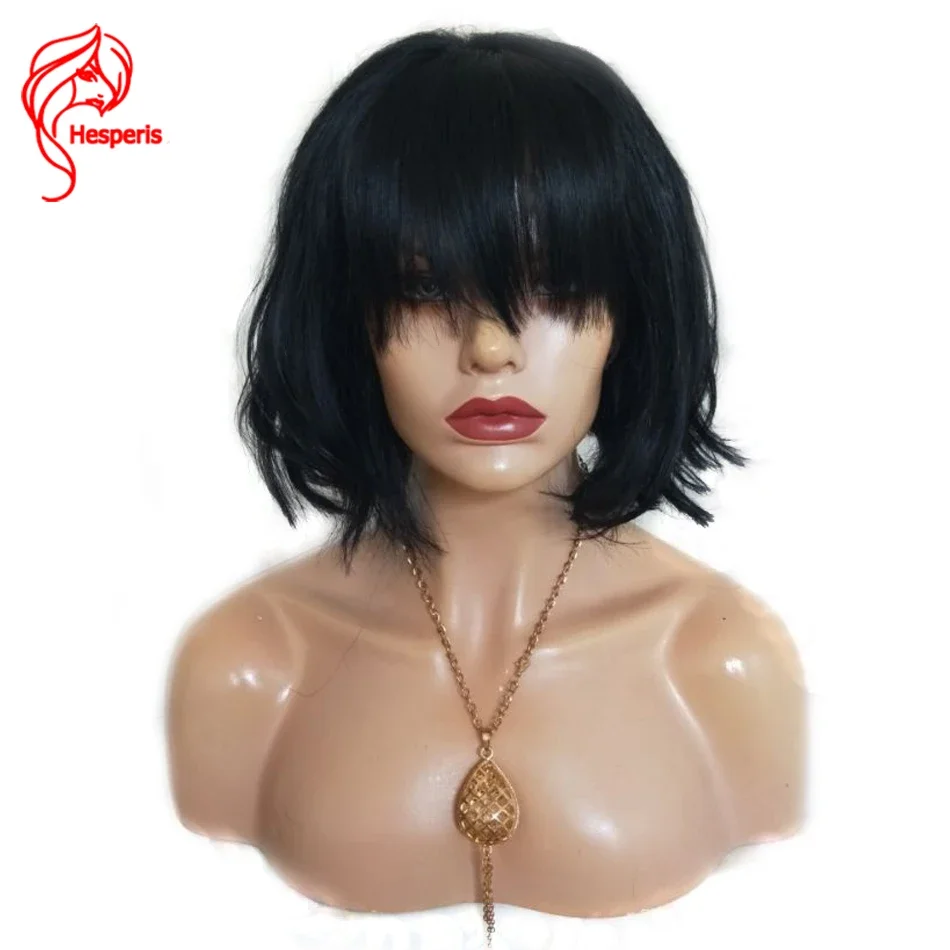 Hesperis Brazilian Remy Short Bob Cut Human Hair Wig With Bangs Natural Wave Scalp Top Full Machine Made Wavy Bob Wigs For Women