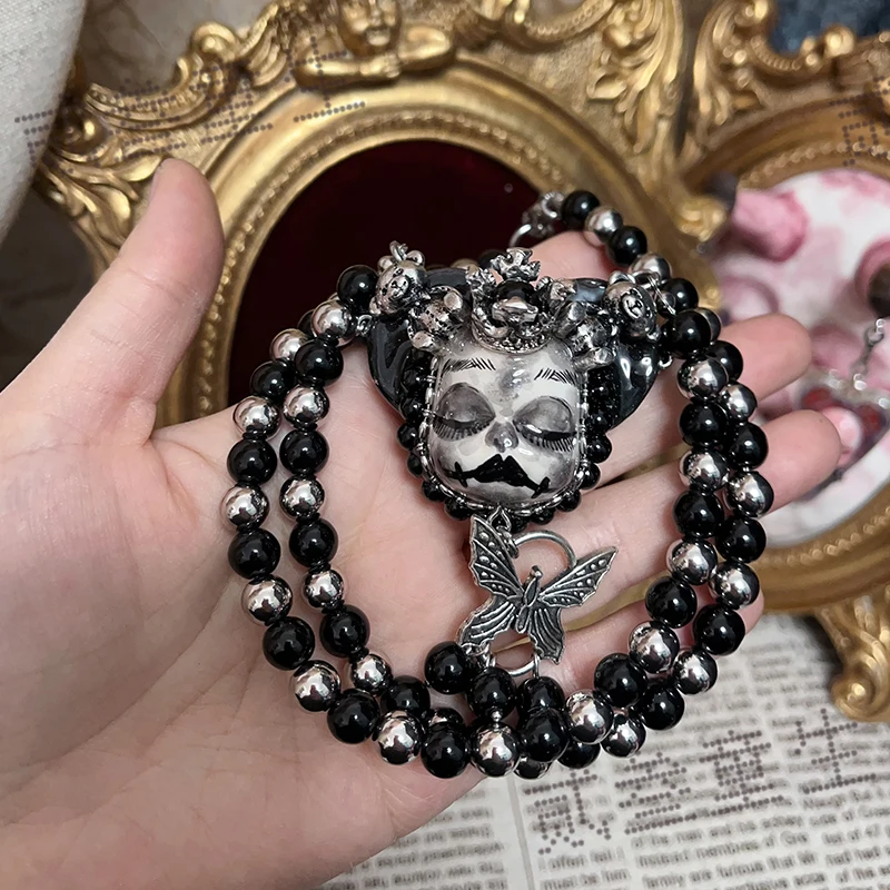 Handmade Pendant Beaded Clavicle Chain Necklace Dark Asian Culture Black