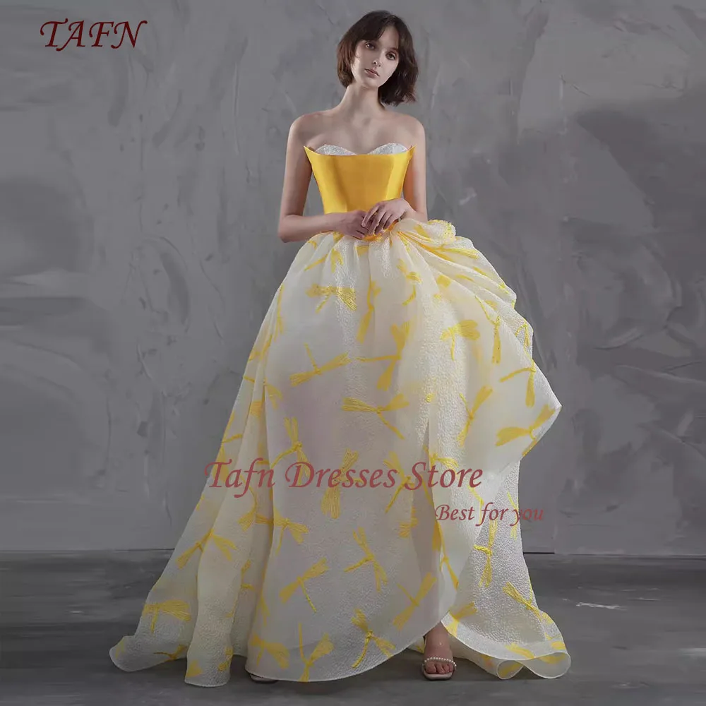 

TAFN 2024 웨딩드레스 Yellow Wedding Dresses Strapless A-line Floor-Length Sleeveless Sweep Train Bridal Gown Photo Shoot