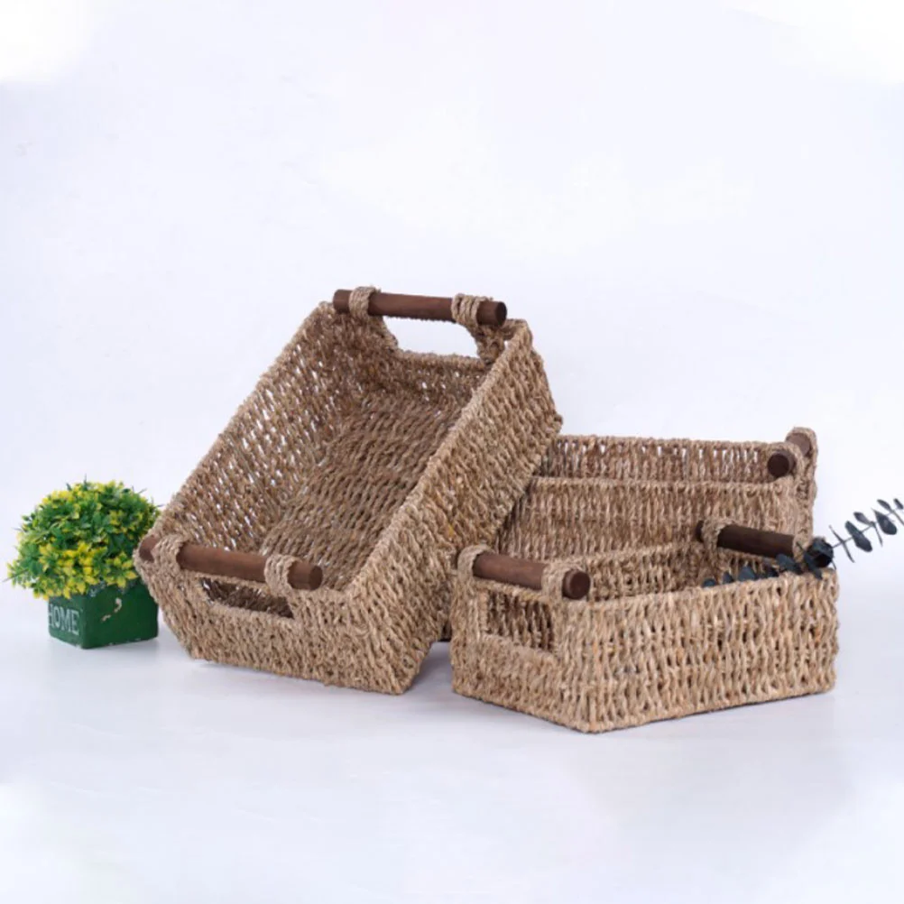 Rattan Storage Basket Plant Shelf Baskets for Organizing Gift Decorative Home Cosmetics Holder Wooden Toiletries White