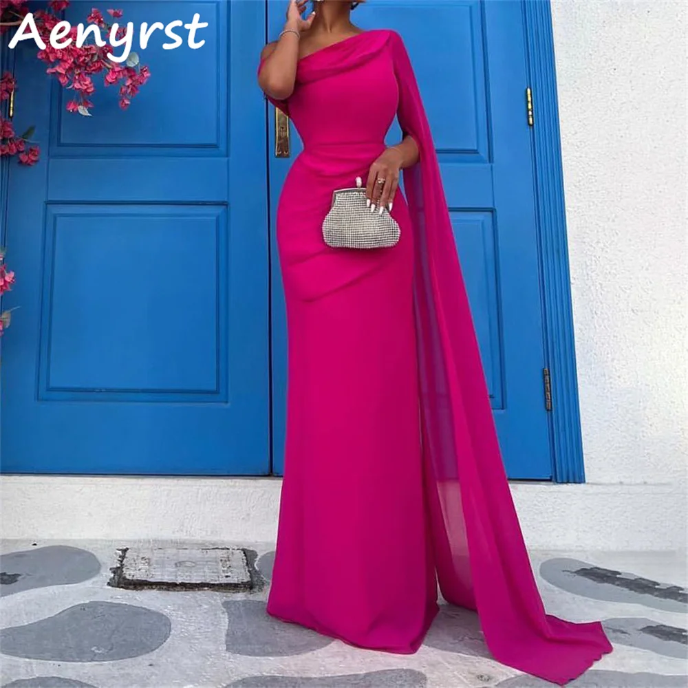 Aenyrst Hot Pink Diagonal Collar Mermaid Evening Gown customized Chiffon Floor Length Prom Gowns Long Party Dress  فساتين السهرة