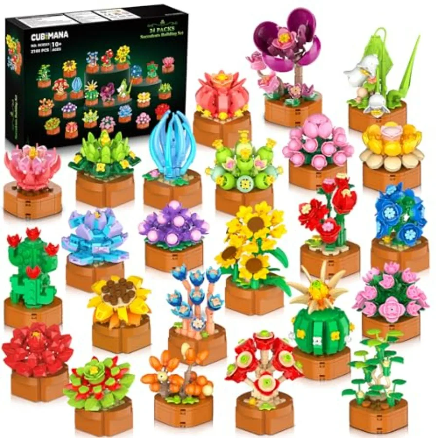 

24 Pack Flowers Succulents Building Set 2160PCS Botanical Collection 3.6MM Mini Flower Kit for Home Office Decor Plant Blocks T