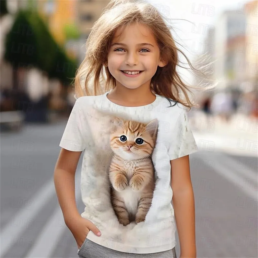 

Kids Girls Clothes 2025 Fashion T-Shirt 3D Print Anime Manga Cartoons Cat Short Sleeve Girls Cartoon Kids Comfort Clothes Tops