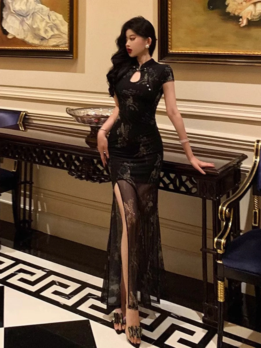 

Attractive Sexy Bla Print Dr Women's New Sle Retro Slimming Long Split Skirt Bodycon Dr Chinese Faion