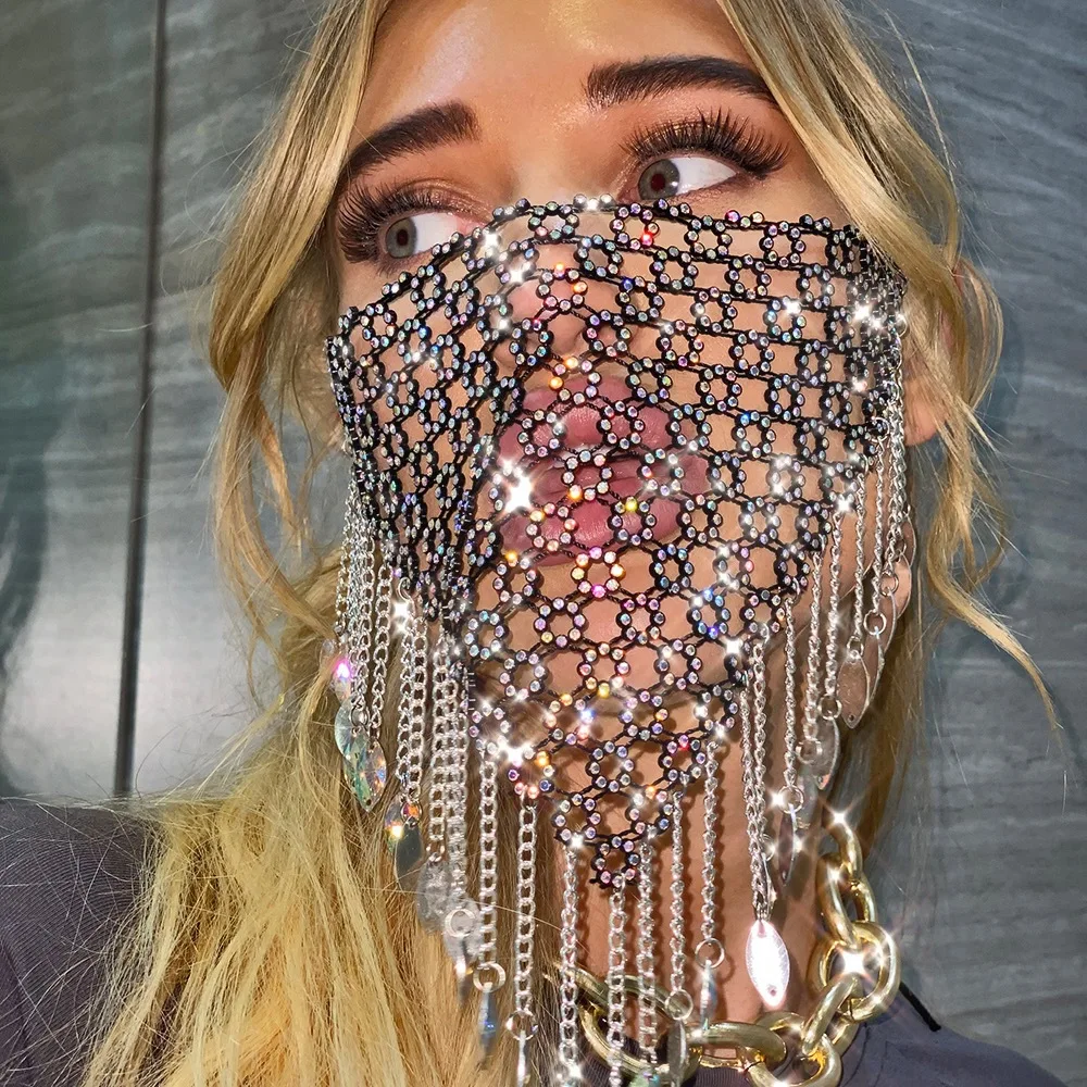 Party metal tassel mask, European and American rhinestone acrylic head chain, dance face accessory mask