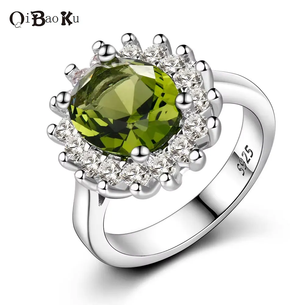 

QIBAOKU Retro Silver Ring for Women Flower Rings with Peridot Stones Shining Luxury Brand Wedding Engagement Rings Jewelry