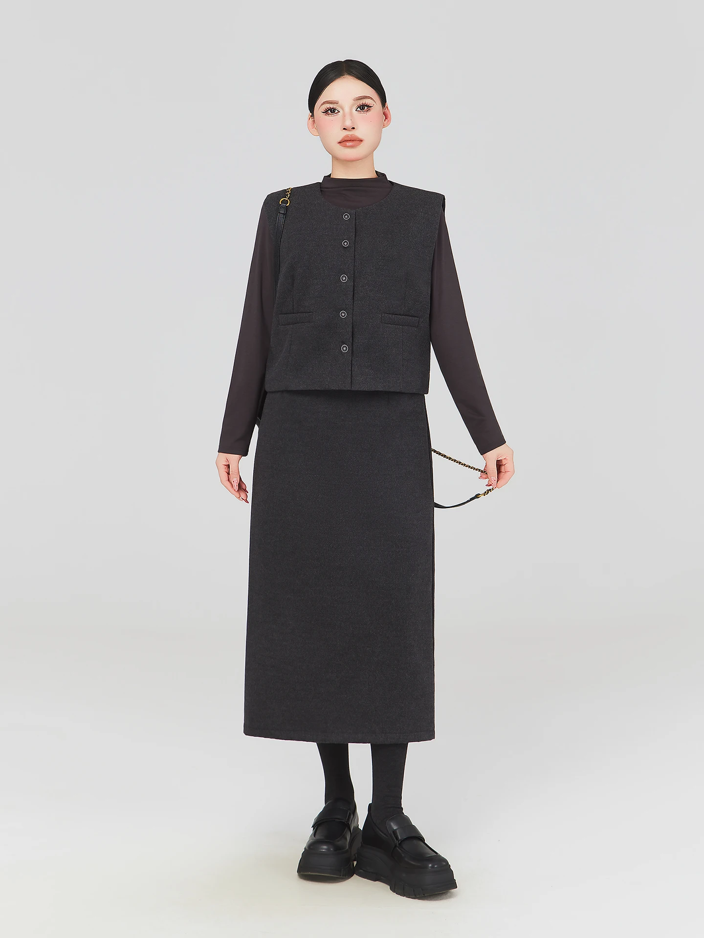 

plus Size Women's Faion Set Korean Sle Woolen Vest Skirt Chic Base irt High Waist A-Line Skirt Long Sve Spring Outfit
