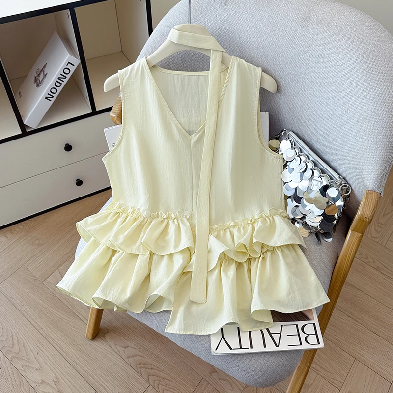 

Summer 2026 Korean Style Ribbon Vest Shirt Women's Loose Sleeveless Doll Shirt Top Breathable Skin-friendly V-neck Casual Wear