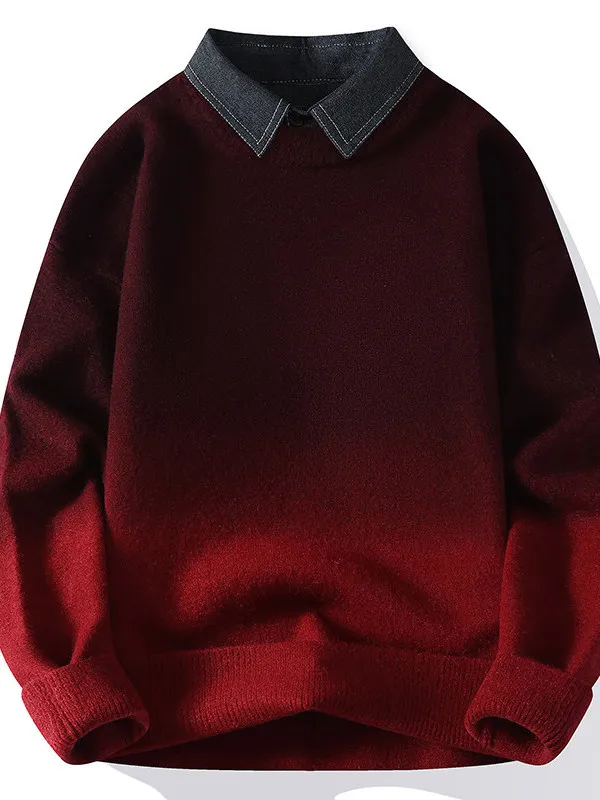 

Men's Casual Thiened irt Collar Sweater Fake Two-Piece Knitted Warm Base Layer Top Autumn Winter Nylon Youth Dync Sle