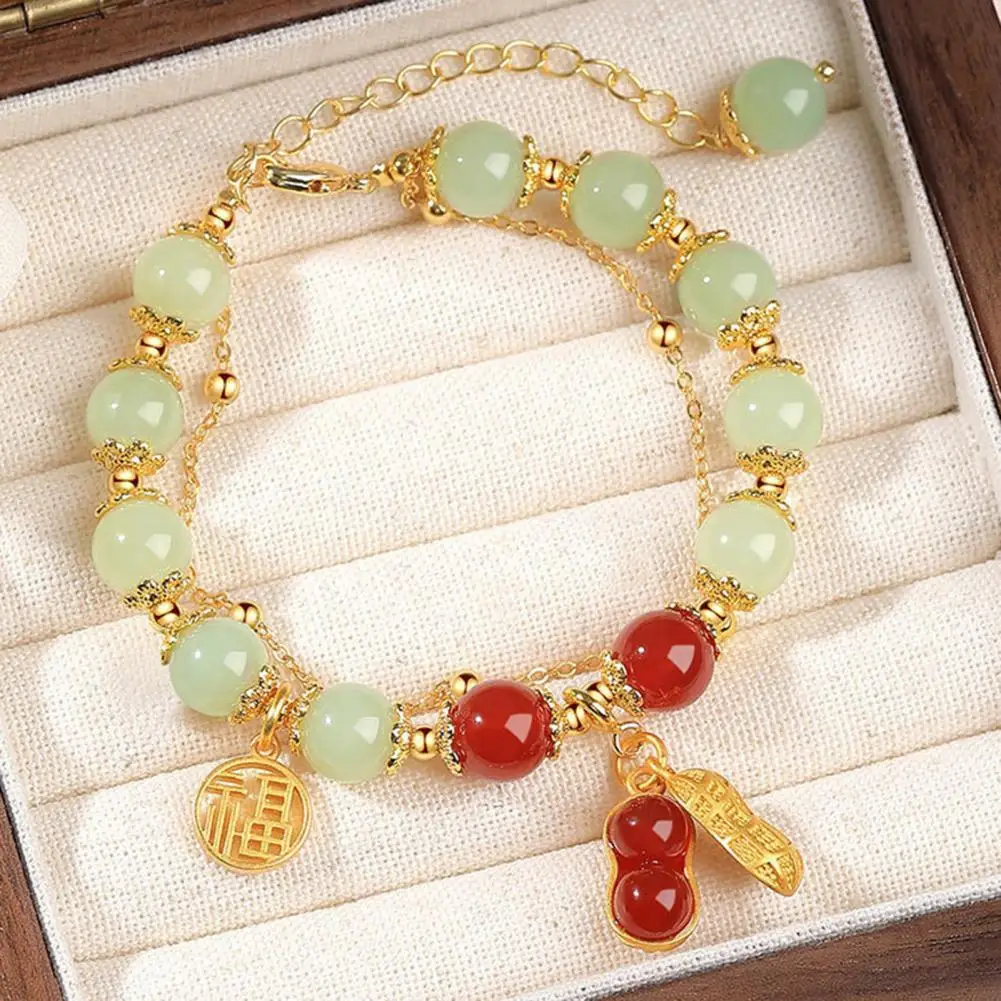 Peanut Bracelet Women’s Faux Jade Bead Bracelet with Leaf Peanut Pendant Adjustable Rhinestone Bangle Good Luck Charm for Prom