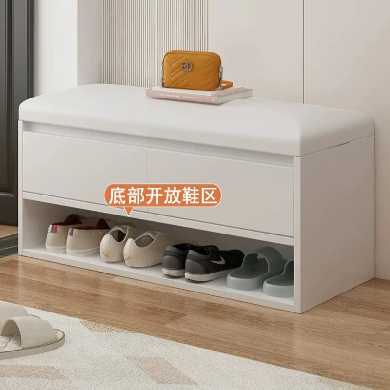 White Space-Saving Flip Entry Bench, Soft Cushioned Seat + Hidden Interior Storage + Bottom Open Shoe Shelf for Home Entrance.
