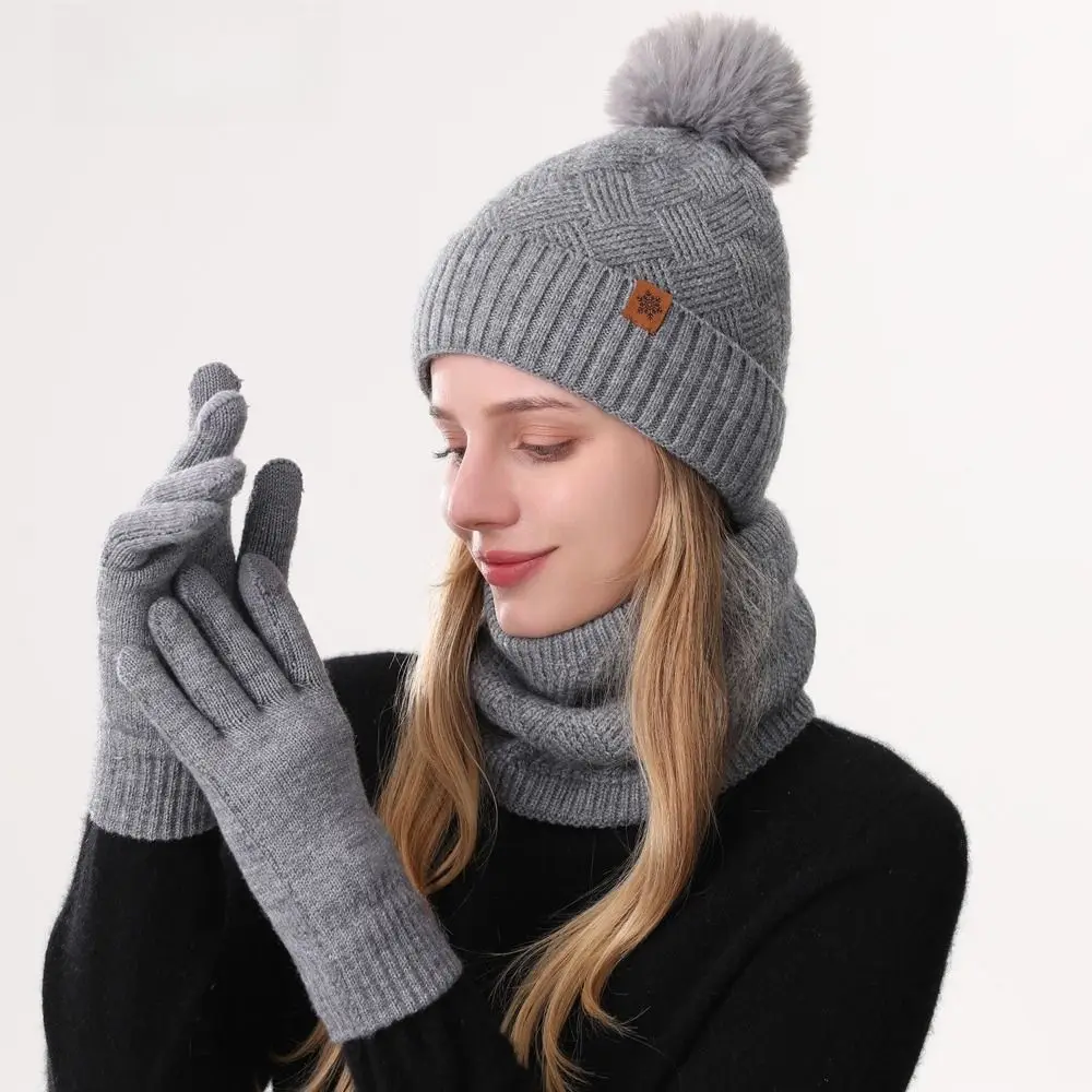 3pcs Fleece Lined Solid Color Hat Scarf Gloves Set Warm Wool Thermal Knit Cap Fashion Thicken Winter Beanie Hat Winter