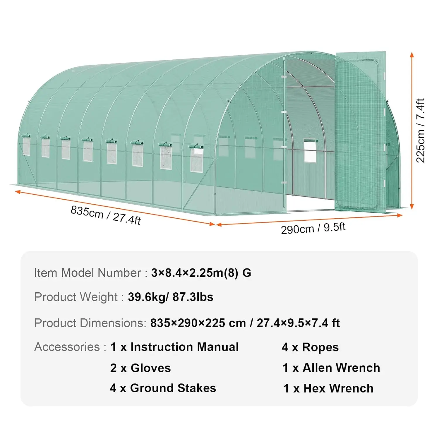 Walk-in Tunnel Greenhouse, 27.4x9.5x7.4 ft Hoop House Greenhouse Tunnel, Plant Hot House with Galvanized Steel Frame