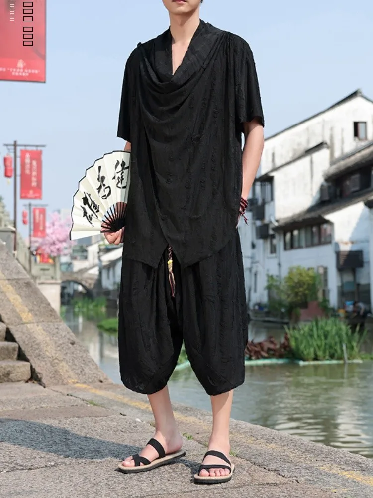 

New Chinese Style Men's Short Sleeve T-Shirt Set Hole Design Summer Fashion Tang Costume Improved Hanfu Breathable Lightweight