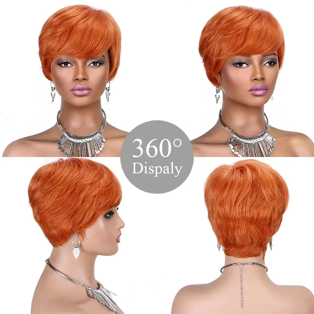 Machine Made Orange Short Layered Human Hair Wigs with Bangs Ginger Pixie Cut Human Hair Black Wigs Party Daily Use