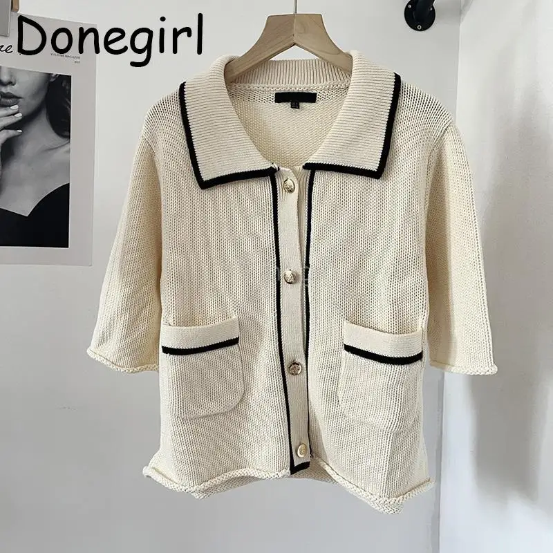 

Donegirl 2023 New Women Solid Pockets Lapel Knitted Sweater Single Breasted Short Cardigans Slim Casual Commute Simple Tops Chic