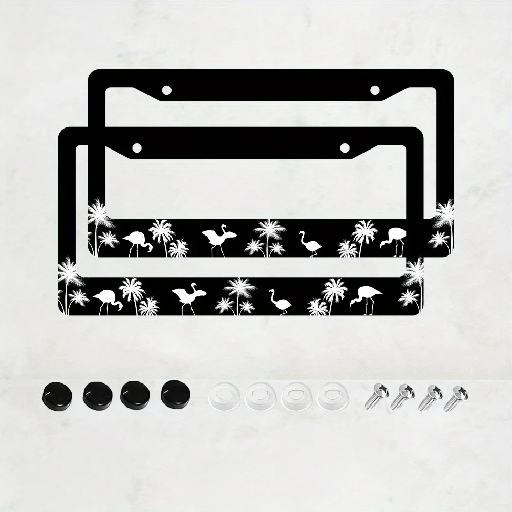 2pcs Tropical Flamingo License Plate Frame Black and White Palm Tree and Flamingo Design Rust-Resistant Washable Aluminum