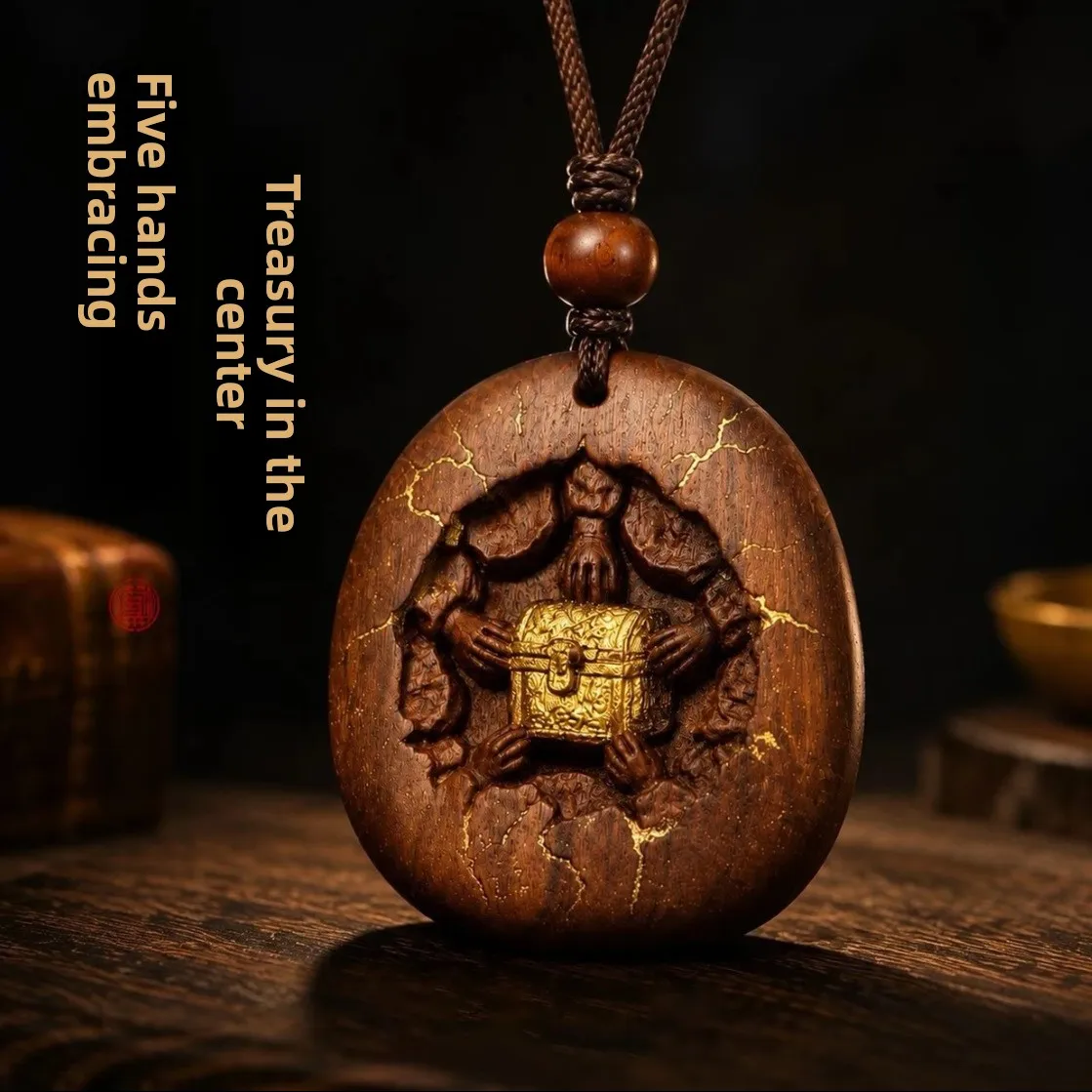 Chinese Taoist Handcarved Thunderstruck Jujube Wood Five Hands Wealth Pendant Lucky Auspicious Fortune Attracting Talisman Gift