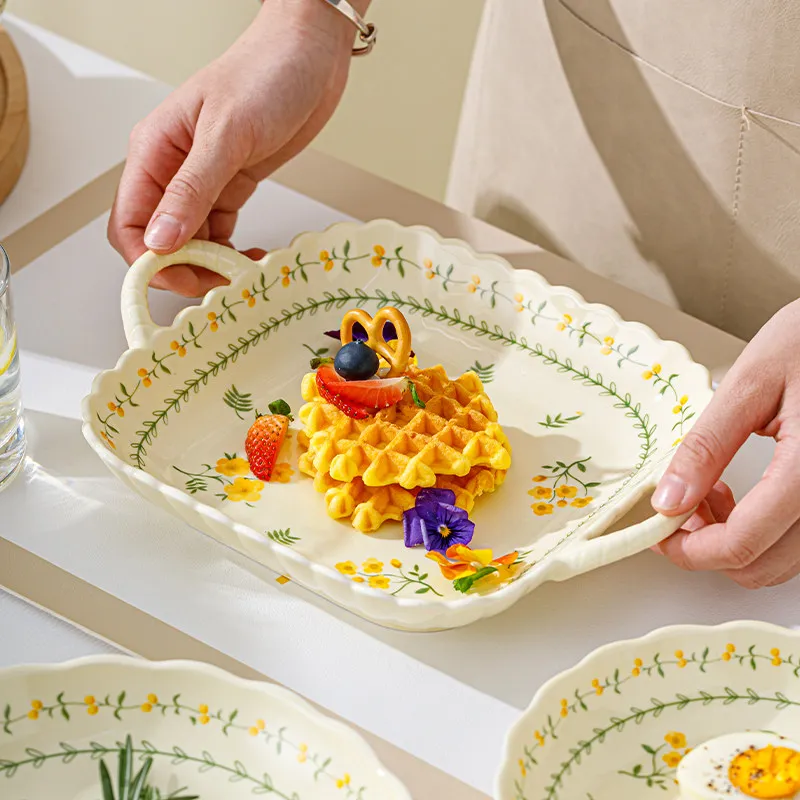 Underglaze Color Ceramic Plate Double Handle Square Dinner Plate Luxury Home Kitchen Tableware New Style Serving Dish