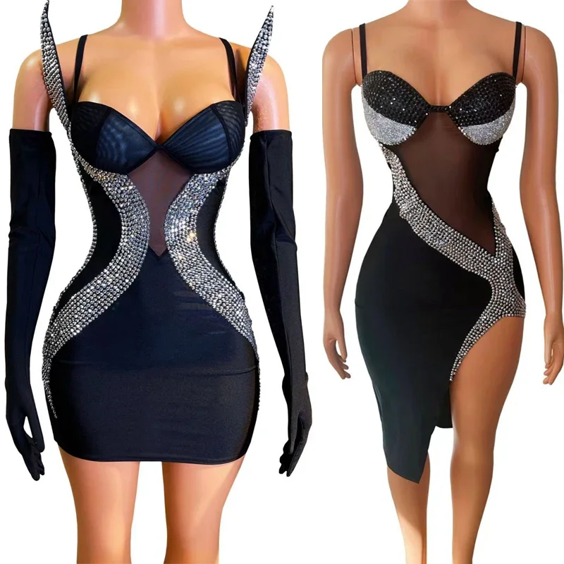 فستان سهرة بأحجار الراين السوداء للنساء للحفلات والاحتفال بشريط Ds Dj مرحلة مهرجان الزي حفلة موسيقية ملابس الرقص
