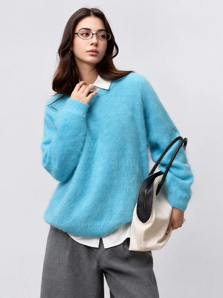 SuyaDream, Women Fluffy Fuzzy Knit Sweater, Round Neck Sequin Decor Loose Top, Fall Winter Casual Knit Jumper